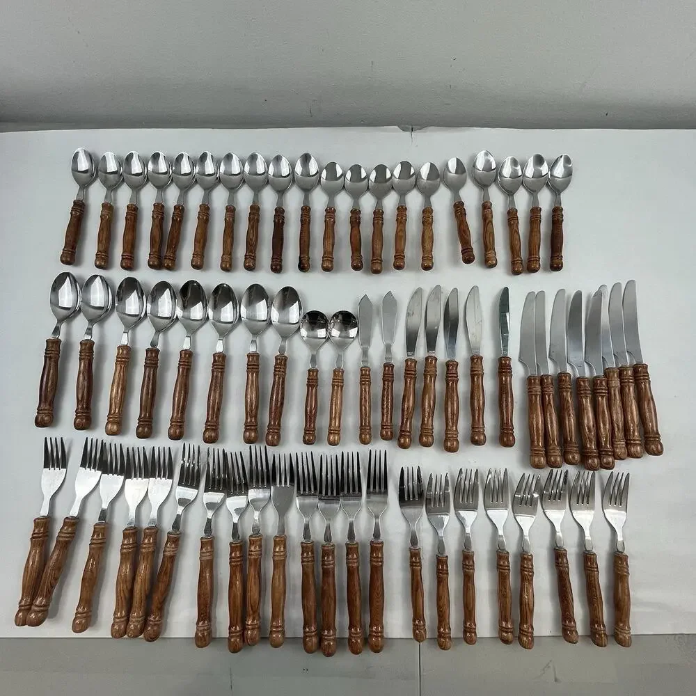 Vintage Wood Handle Flatware Lot 67pc Stainless Taiwan Spoons Forks Knives